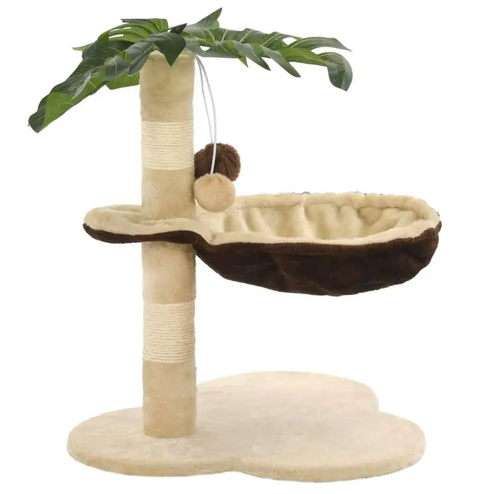 Beige and brown cat tree with sisal scratch post and tropical leaf design