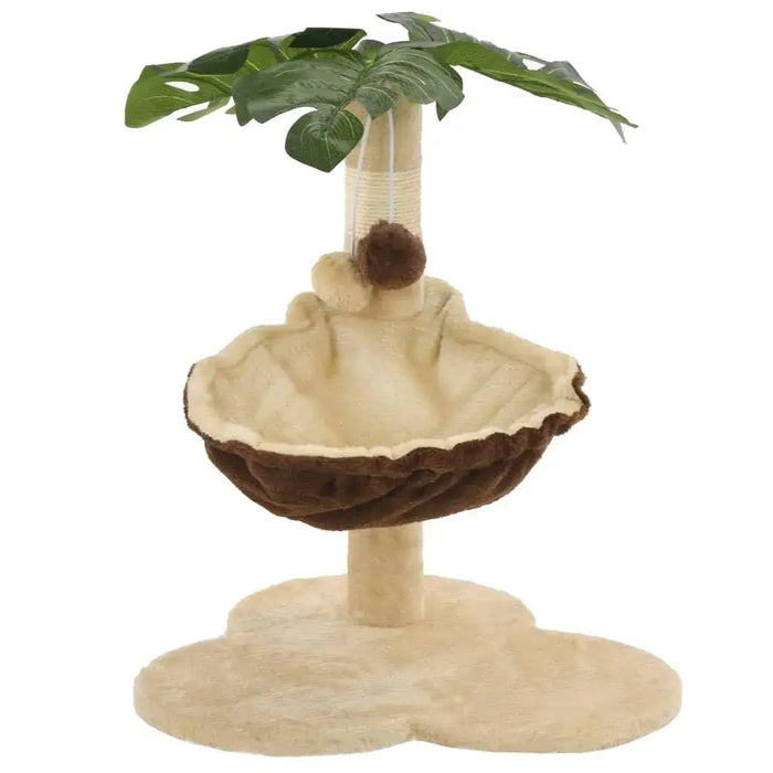 Beige and brown cat tree with sisal scratching post and tropical leaf design on top