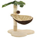 Beige and brown cat tree with sisal scratching post, hammock bed, and tropical leaf design.