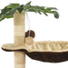 Beige and brown cat tree with sisal scratching post, tropical leaf design, and hanging pompom toys