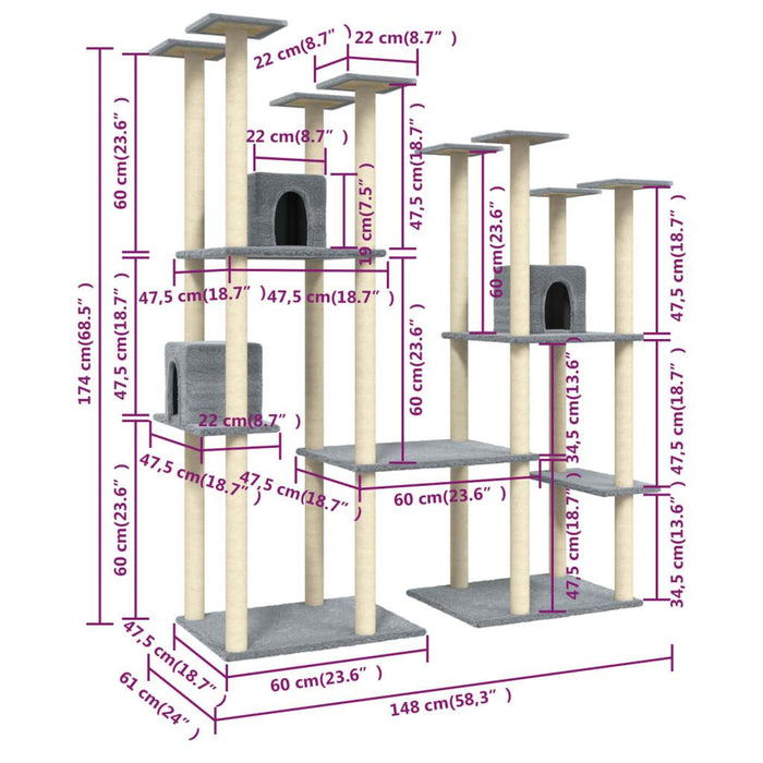 Cat Tree with Sisal Scratching Posts in Light Grey - Little and Giant Explorers vidaXL