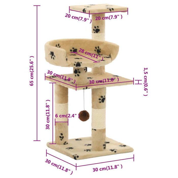 Cat Tree with Sisal Scratching Posts in Paw Prints and Beige 65cm - Little and Giant Explorers vidaXL