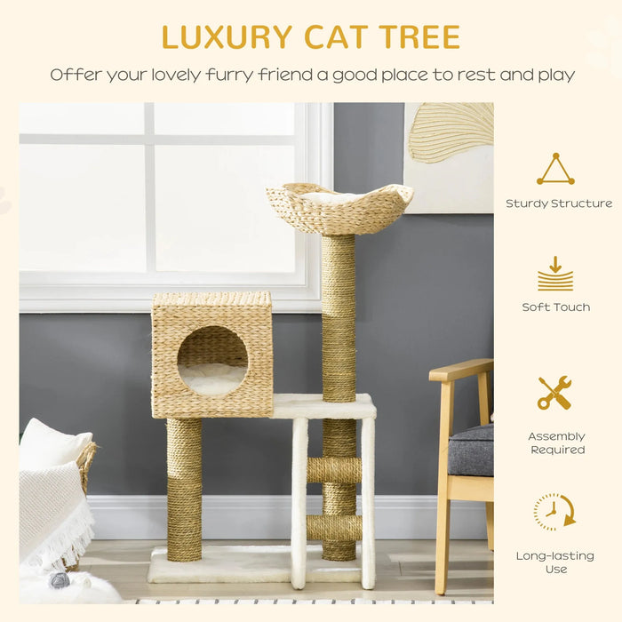 Cat Tree/House with Scratching Posts and Bed in Natural Finish - Little and Giant Explorers PawHut