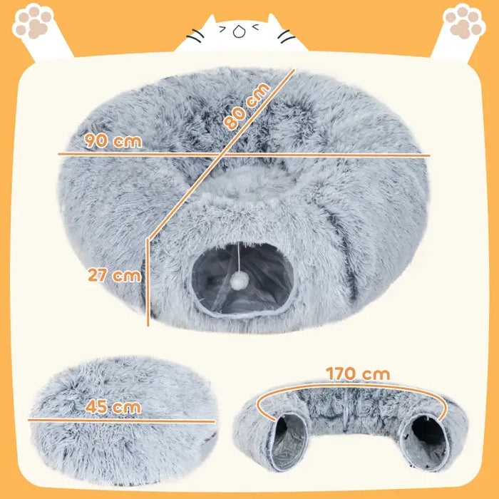 Cat Tunnel with Bed – Light Grey | Multi-Shape Cat Play Tunnel - Plush Fabric PAWHUT - Little and Giant Explorers PawHut