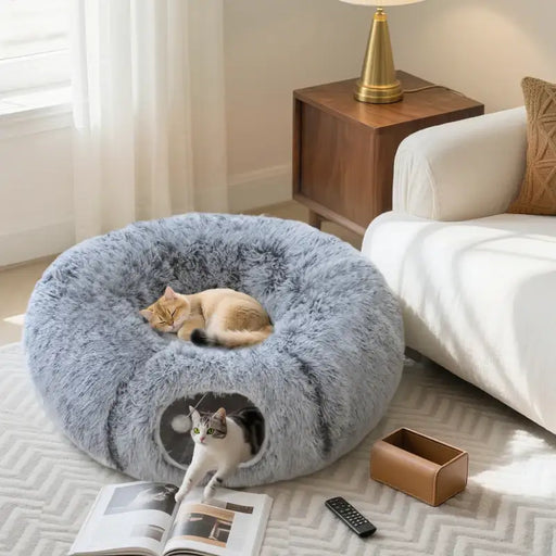 Cat Tunnel with Bed – Light Grey | Multi-Shape Cat Play Tunnel - Plush Fabric PAWHUT - Little and Giant Explorers PawHut