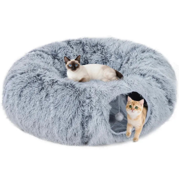 Cat Tunnel with Bed – Light Grey | Multi-Shape Cat Play Tunnel - Plush Fabric PAWHUT - Little and Giant Explorers PawHut