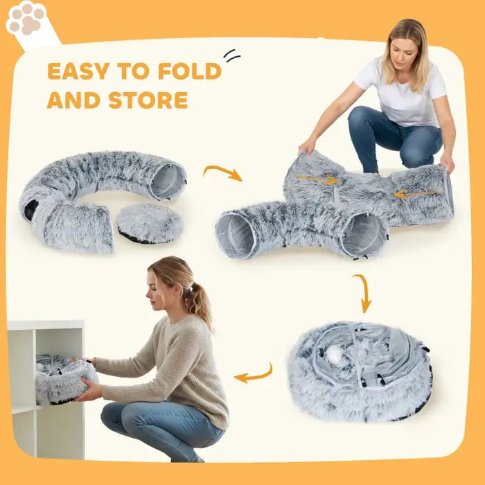 Cat Tunnel with Bed – Light Grey | Multi-Shape Cat Play Tunnel - Plush Fabric PAWHUT - Little and Giant Explorers PawHut