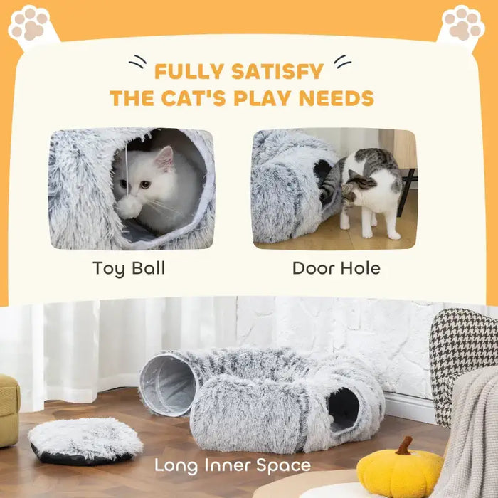 Cat Tunnel with Bed – Light Grey | Multi-Shape Cat Play Tunnel - Plush Fabric PAWHUT - Little and Giant Explorers PawHut