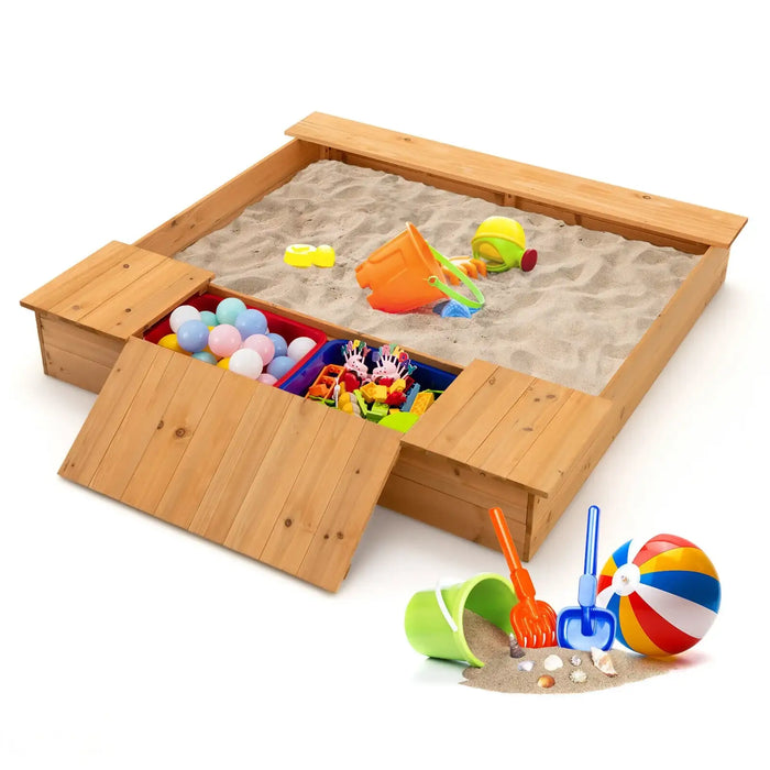 Cedar Wood Kids Sandbox with Benches and Storage Boxes | Bottomless Design COSTWAY - Little and Giant Explorers Costway