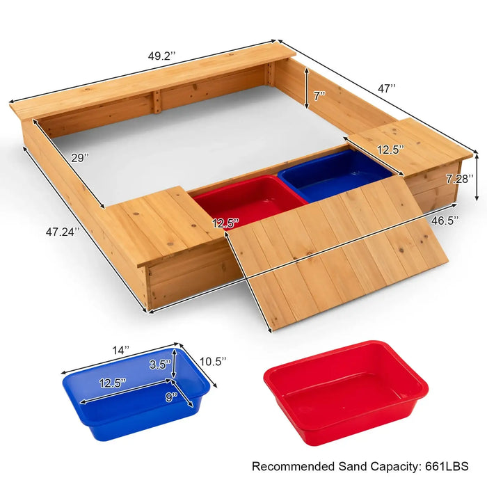 Cedar Wood Kids Sandbox with Benches and Storage Boxes | Bottomless Design COSTWAY - Little and Giant Explorers Costway
