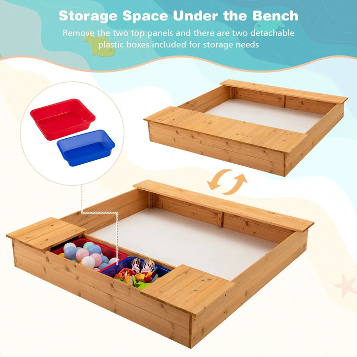 Cedar Wood Kids Sandbox with Benches and Storage Boxes | Bottomless Design COSTWAY - Little and Giant Explorers Costway