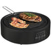 Black electric ceramic grill with bacon strips and grilled chicken breast topped with rosemary