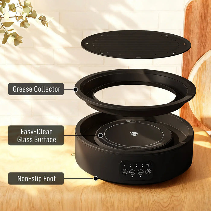 Black electric ceramic hob and grill with grease collector, easy-clean glass surface, and non-slip foot
