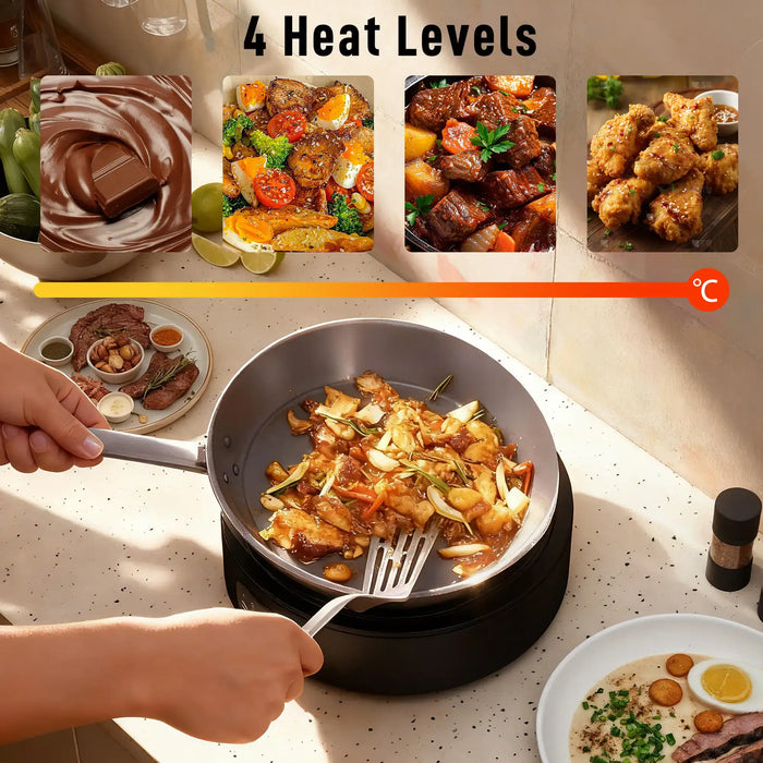 Hands cooking stir fry in frying pan on black electric ceramic hob with four heat levels graphic