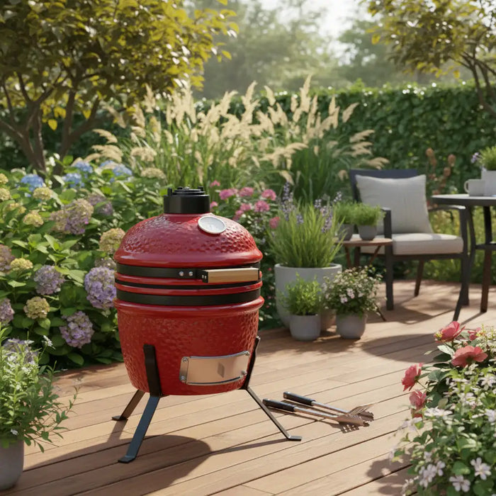 Ceramic Kamado Grill – 26.5cm Mini BBQ Smoker | Red Ceramic Charcoal Grill VIDAXL - Little and Giant Explorers vidaXL