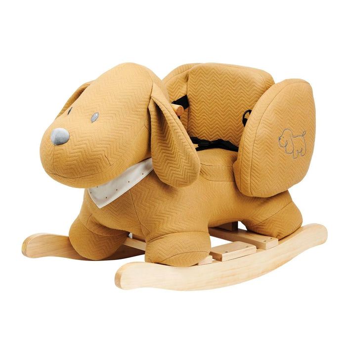 Caramel plush dog rocker with safety harness and non-tip wooden frame for toddlers