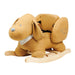 Caramel plush dog rocker with safety harness and non-tip wooden frame for toddlers