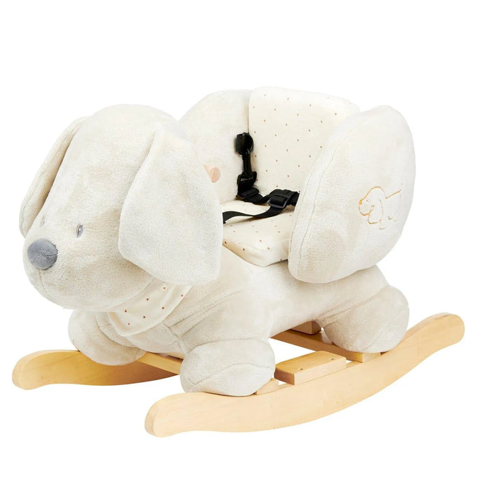 Plush dog-shaped rocking toy with safety harness and wooden non-tip base for toddlers