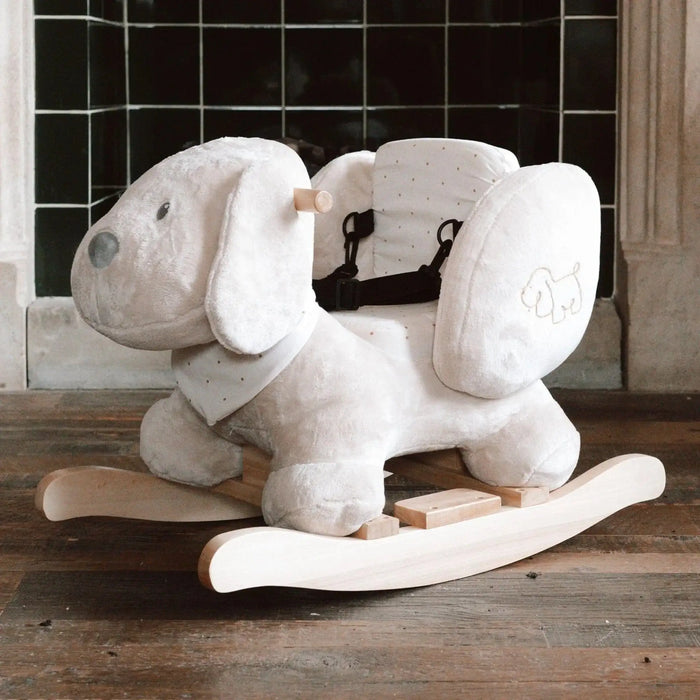 Plush dog rocking toy in vanilla color with safety harness and non-tip wooden frame