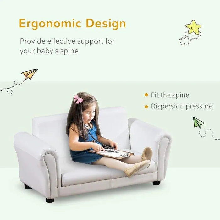 Young girl sitting on white children's 2-seater sofa, ergonomic design, reading a book