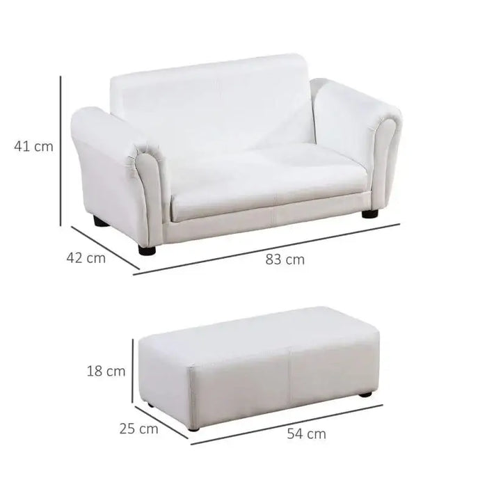White children's 2-seater sofa set with matching footstool and size dimensions.