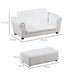 White children's 2-seater sofa set with matching footstool and size dimensions.