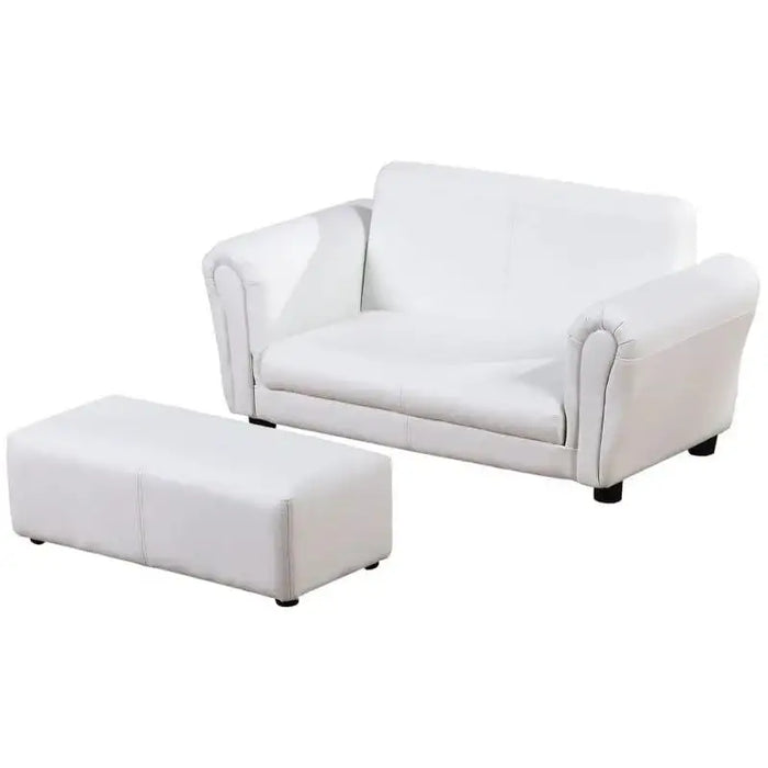 Children's white 2-seater sofa set with matching footstool, modern kids furniture