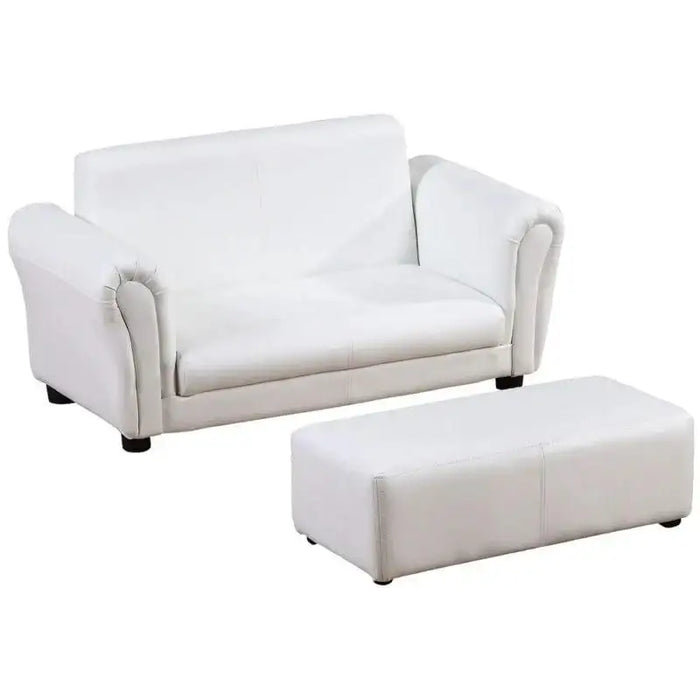 Children's white 2-seater sofa set with matching footstool, modern furniture
