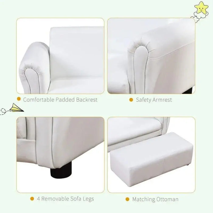White children's 2-seater sofa set with padded backrest, safety armrest, removable legs, and ottoman