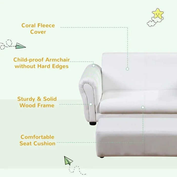 Children's white 2-seater sofa set with matching footstool, coral fleece cover, sturdy wood frame