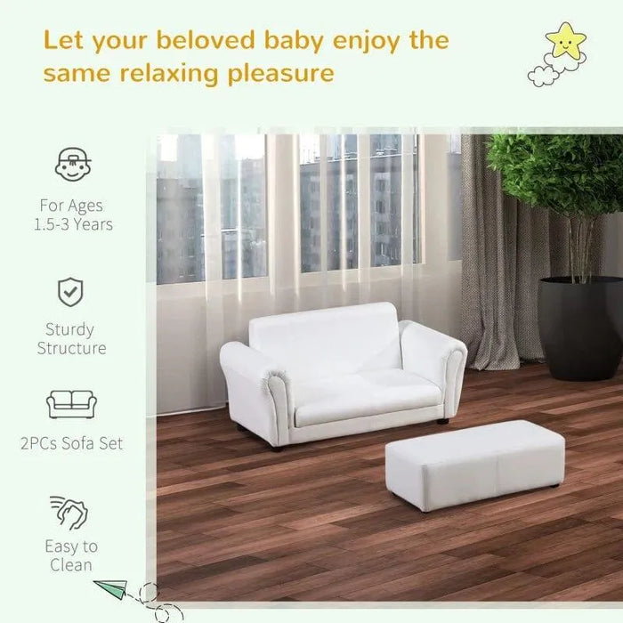 Children's white 2-seater sofa and matching footstool set in a modern living room