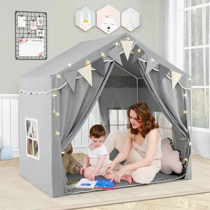 Play Tent Grey Dual-Entry | Two-Door Design with Star Lights - Little and Giant Explorers Costway