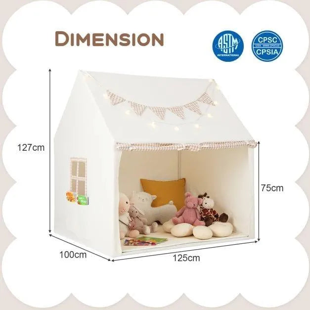 Beige children's indoor play tent with star lights, flag banner, plush toys, and dimension labels