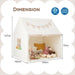 Beige children's indoor play tent with star lights, flag banner, plush toys, and dimension labels