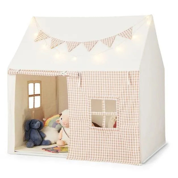 Children's indoor play tent in beige with star lights, flag banner, and plush toys inside