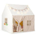 Children's beige indoor play tent with gingham curtains, star lights, and flag banner