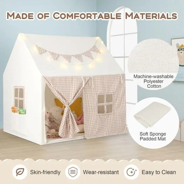 Beige indoor play tent for children with star lights, gingham curtains, and flag banner.
