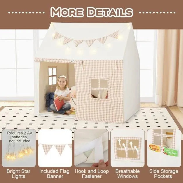 Children's indoor play tent in beige with star lights, flag banner, window, and storage pockets