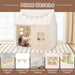 Children's indoor play tent in beige with star lights, flag banner, window, and storage pockets