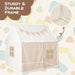 Children's indoor play tent with beige gingham curtains, star lights, flag banner, and sturdy frame.