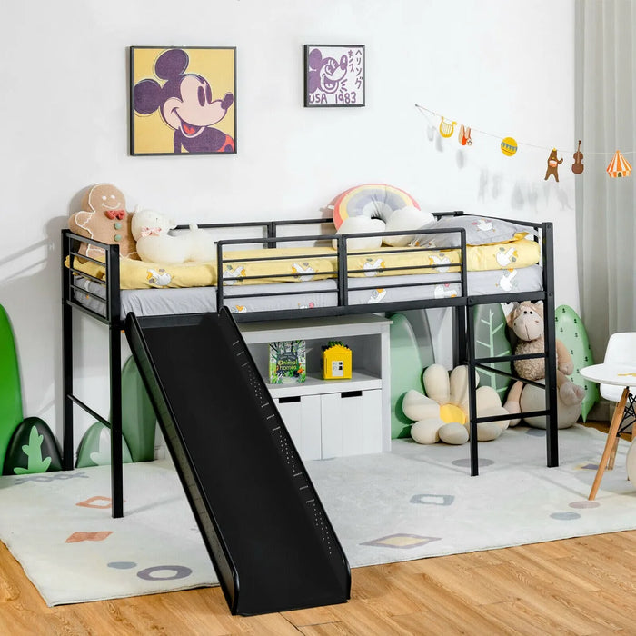 Children's Sliding Loft Single Bed with Steps, Slide and Safety Guardrails in Black (96 x 198cm) - Little and Giant Explorers Costway