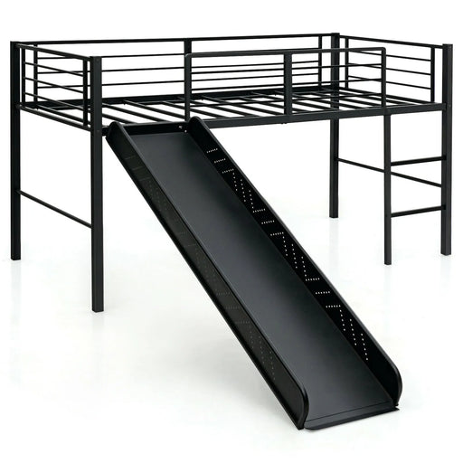 Children's Sliding Loft Single Bed with Steps, Slide and Safety Guardrails in Black (96 x 198cm) - Little and Giant Explorers Costway