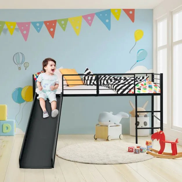 Children's Sliding Loft Single Bed with Steps, Slide and Safety Guardrails in Black (96 x 198cm) - Little and Giant Explorers Costway