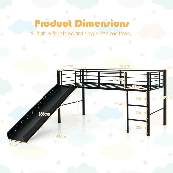 Children's Sliding Loft Single Bed with Steps, Slide and Safety Guardrails in Black (96 x 198cm) - Little and Giant Explorers Costway