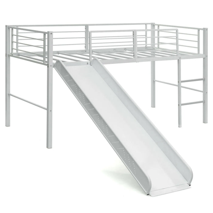 Children's Sliding Loft Single Bed with Steps, Slide and Safety Guardrails in White (96 x 198cm) - Little and Giant Explorers Costway