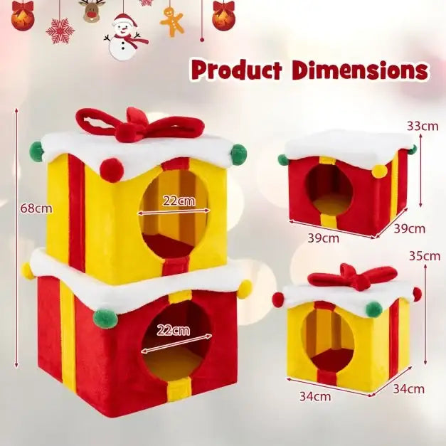 Christmas Cat Condo House – Double Gift Box Design | Plush Covering and Festive Red Bows COSTWAY - Little and Giant Explorers Costway