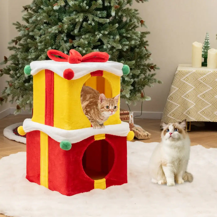 Christmas Cat Condo House – Double Gift Box Design | Plush Covering and Festive Red Bows COSTWAY - Little and Giant Explorers Costway