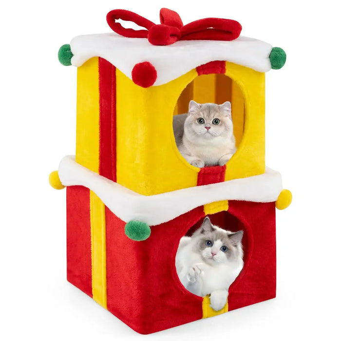 Christmas Cat Condo House – Double Gift Box Design | Plush Covering and Festive Red Bows COSTWAY - Little and Giant Explorers Costway