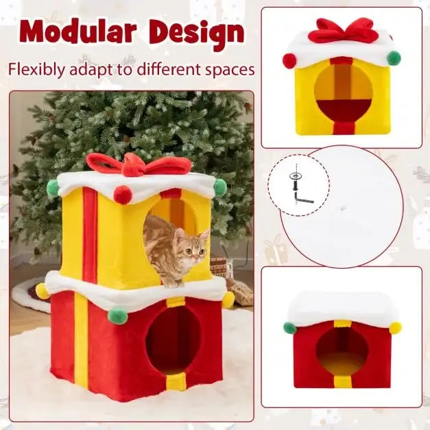 Christmas Cat Condo House – Double Gift Box Design | Plush Covering and Festive Red Bows COSTWAY - Little and Giant Explorers Costway