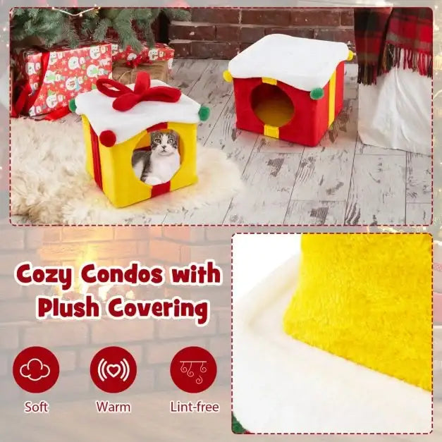 Christmas Cat Condo House – Double Gift Box Design | Plush Covering and Festive Red Bows COSTWAY - Little and Giant Explorers Costway